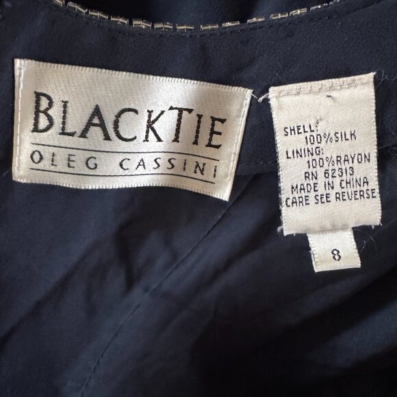 Vintage Oleg Cassini Navy 100% Silk Silver Pearl Beaded Party Dress | Sz 8 - Picture 8 of 14